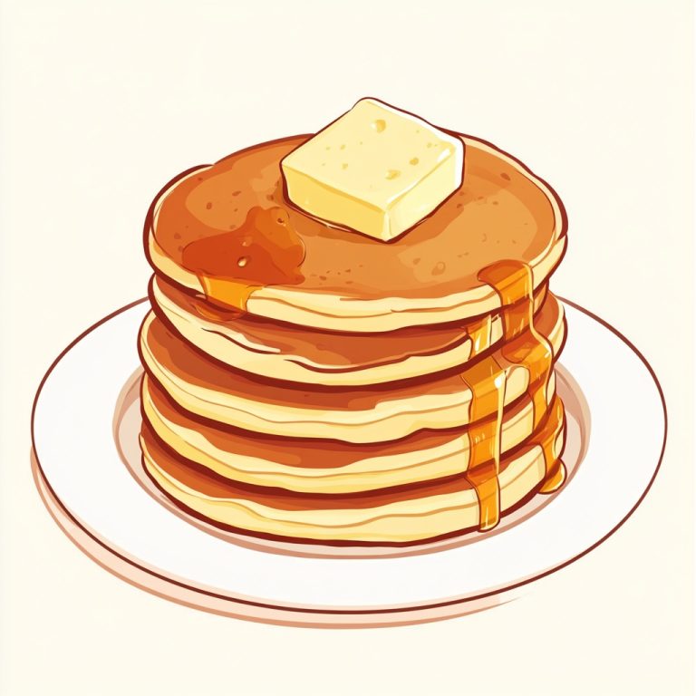 Adorable Cartoon Pancake Tower Drizzled with Syrup and Topped with Butter in Soft Pastels