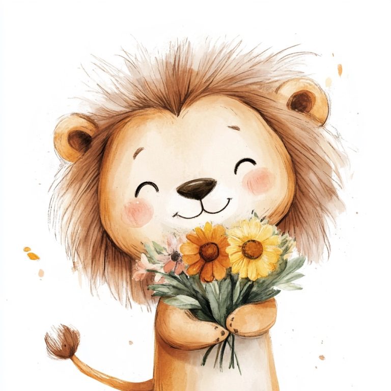 Adorable Watercolor Lion with Floral Bouquet A Minimalist Toddler Art Illustration