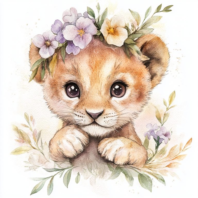 Awakening Innocence A Watercolor Portrait of a Playful Lion Cub Adorned with Floral Elegance