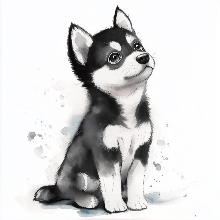 Cartoon Black Watercolor Husky