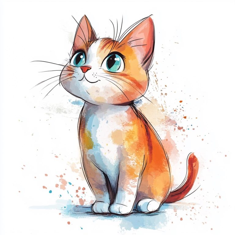 Cartoon Cat with Watercolor