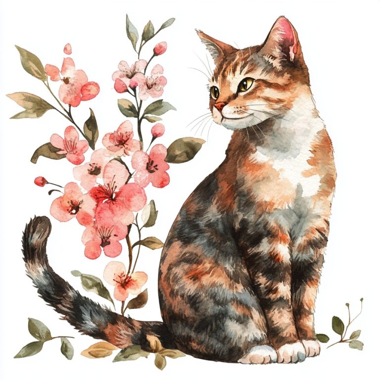 Cat and Flowers Illustration