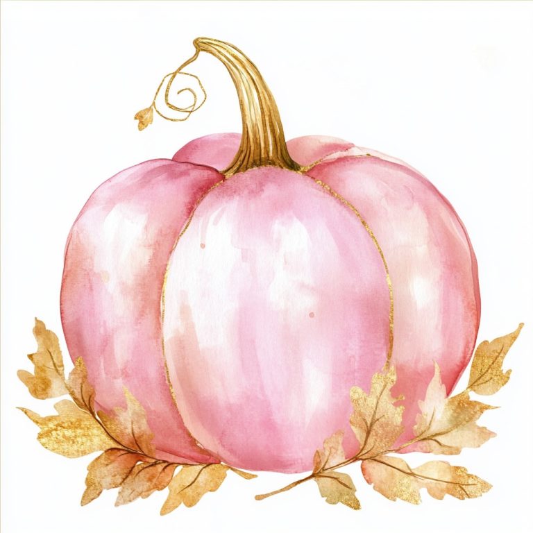 Charming Gold and Pink Watercolor Pumpkin Adorned with Delicate Gold Leaves on a Crisp White Canvas