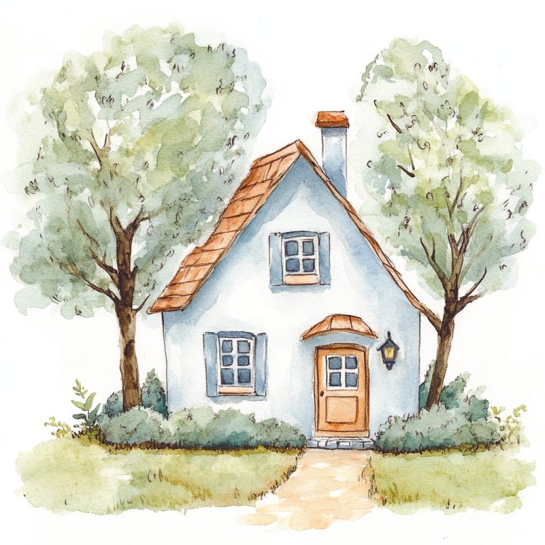 Charming Minimalist Watercolor Depiction of a Cozy Home