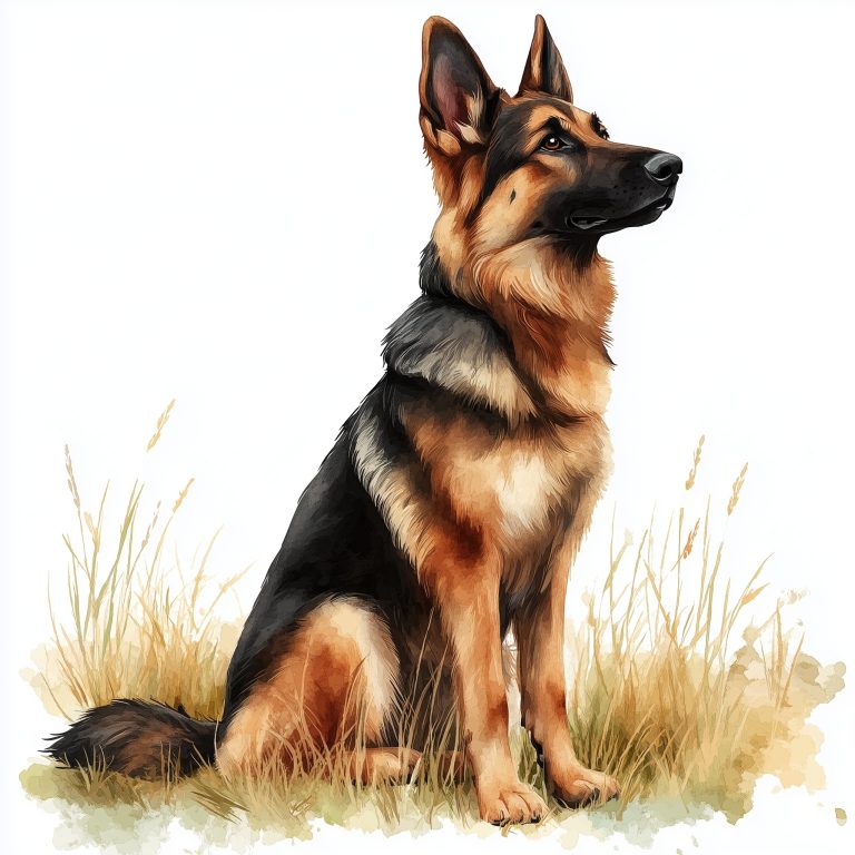 Charming Watercolor Illustration of a German Shepherd on Grass in a Vintage Childrens Style