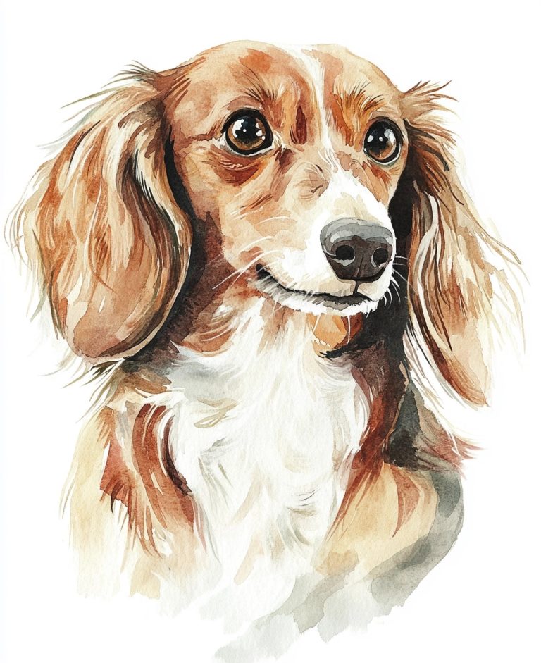 Charming Watercolor Portrait of a Long Haired Dachshund with Expressive Eyes