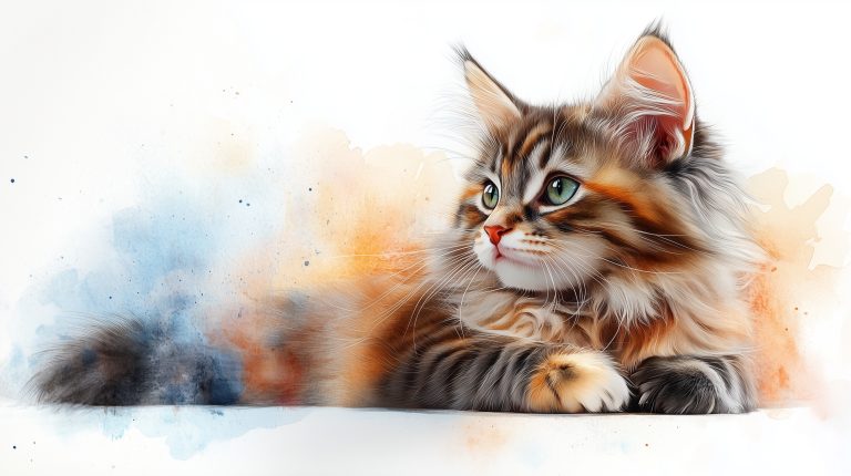 Charming Watercolor Portrait of a Maine Coon Cat A Whimsical Childrens Illustration in Soft Blues scaled