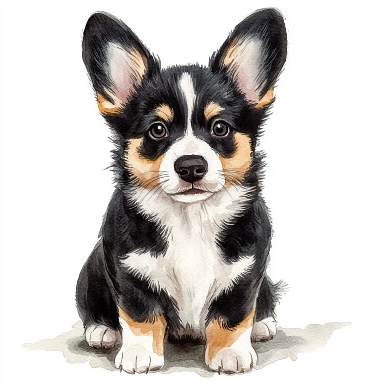 Charming Watercolor Portrait of a Playful Black Tri Corgi A Whimsical Childrens Book Illustration