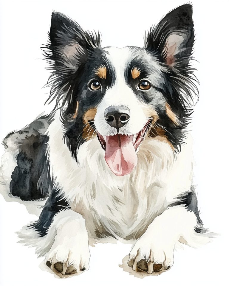 Charming Watercolor Portrait of a Playful Black and White Border Collie with a Distinctive Brown Spot Relaxing on a Clean White Canvas