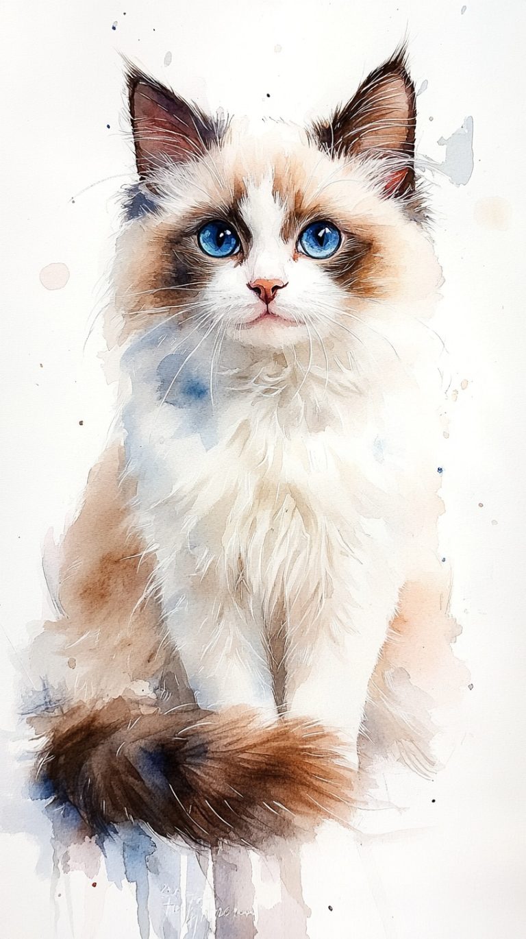 Charming Watercolor Portrait of a Ragdoll Cat Delicate Features and Serene Expression