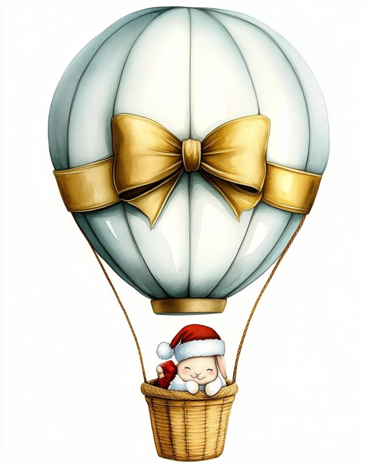 Charming Watercolor Scene A Festive White and Gold Hot Air Balloon with a Joyful Bunny in a Santa Hat Set Against a Crisp White Background