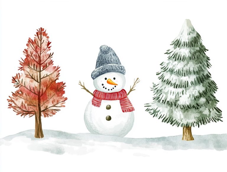 Childrens Illustration Snowman Trees