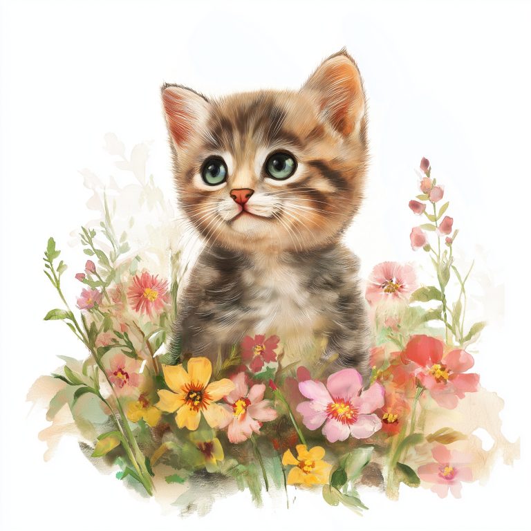 Cottagecore Kitten Among Flowers