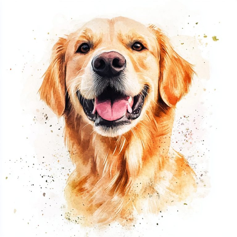 Create a Watercolor Illustration of a Golden Retriever Against a Crisp White Backdrop