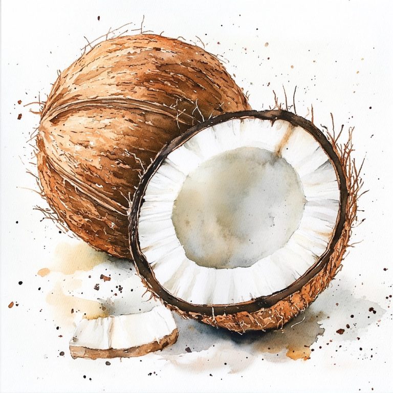 Delicate Coconut Watercolor Illustration on Crisp White Canvas