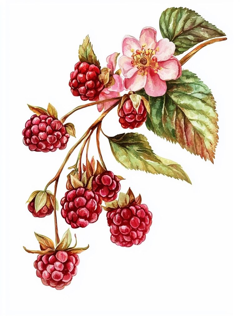 Delicate Victorian Watercolor Clip Art Small Raspberry Branch with Blossoms and Foliage on White Background