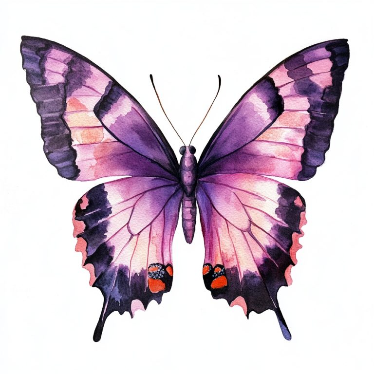 Delicate Watercolor Butterfly in Soft Pastels A Purple Pink and Black Design on a Crisp White Canvas