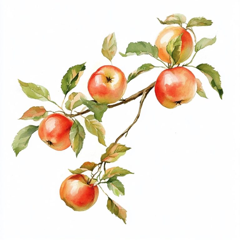 Delicate Watercolor Depiction of an Apple Tree Branch Adorned with Lush Leaves and Ripening Fruit on a Crisp White Canvas