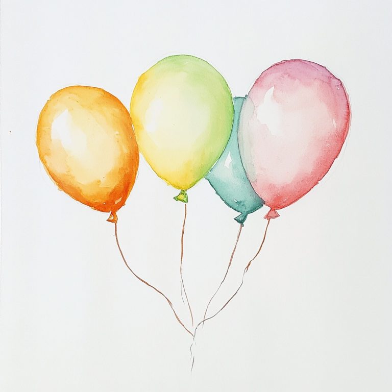 Delicate Watercolor Dreams Five Balloons in Soft Hues Against a Crisp White Canvas