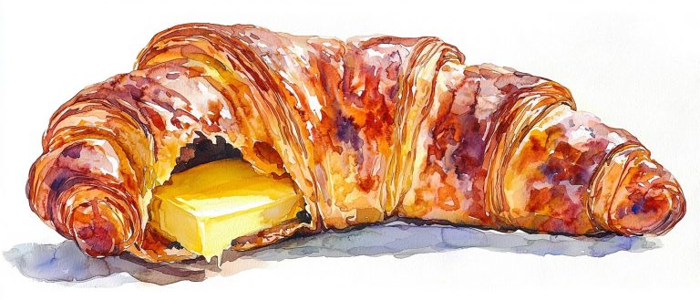 Delicate Watercolor Illustration of a Buttered Croissant with Dessert Accents on a White Canvas