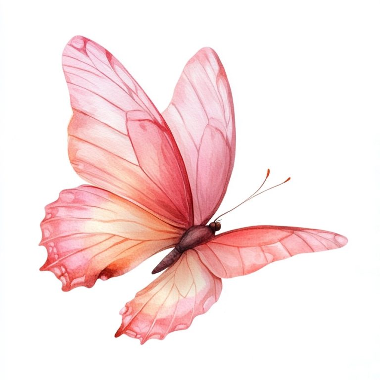 Delicate Watercolor Illustration of a Pink Butterfly in Flight Against a Crisp White Canvas