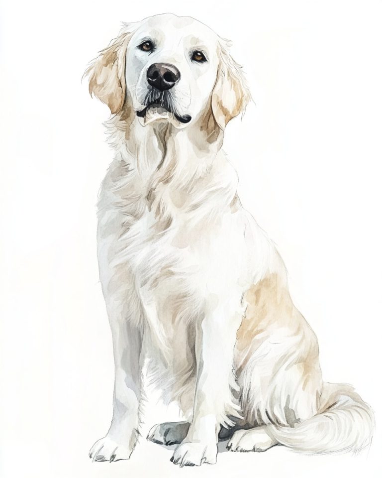 Delicate Watercolor Portrait of a Golden Retriever with Black Nose Seated Against a Minimalist White Background