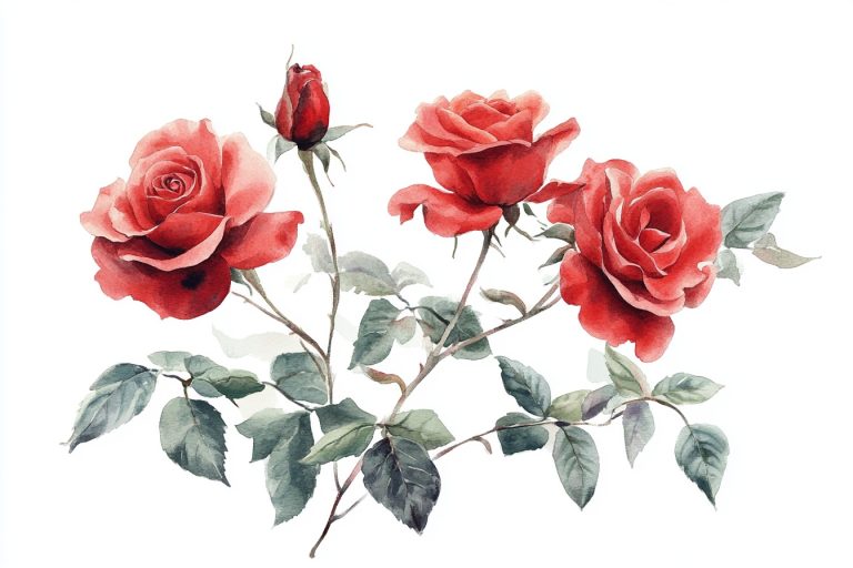 Delicate Watercolor Red Roses A High Detail Floral Composition on a Soft White Canvas