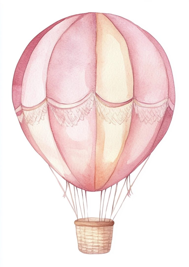 Delicate Watercolor Rendering of a Charming Pink and Peach Hot Air Balloon in Gentle Pastel Hues