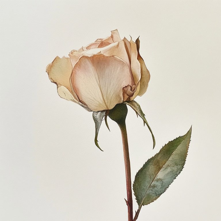 Delicate Watercolor Rendering of a Solitary Cream Dry Rose