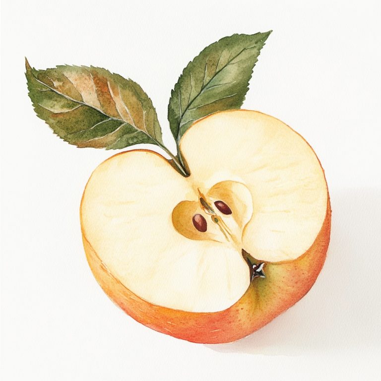 Delicate Watercolor Rendering of an Apple Slice Accompanied by a Leaf