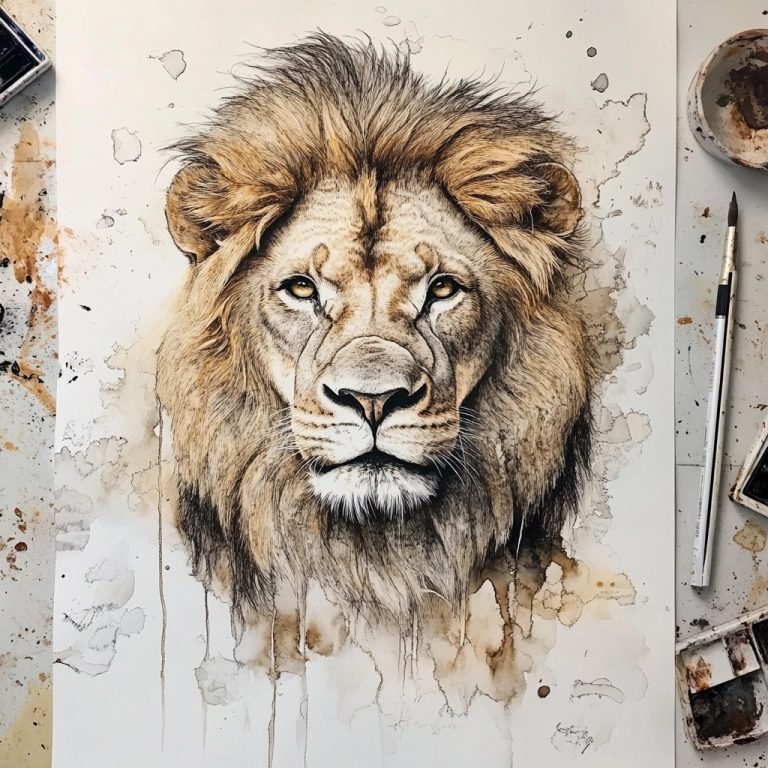 Detailed Watercolor Lion Art