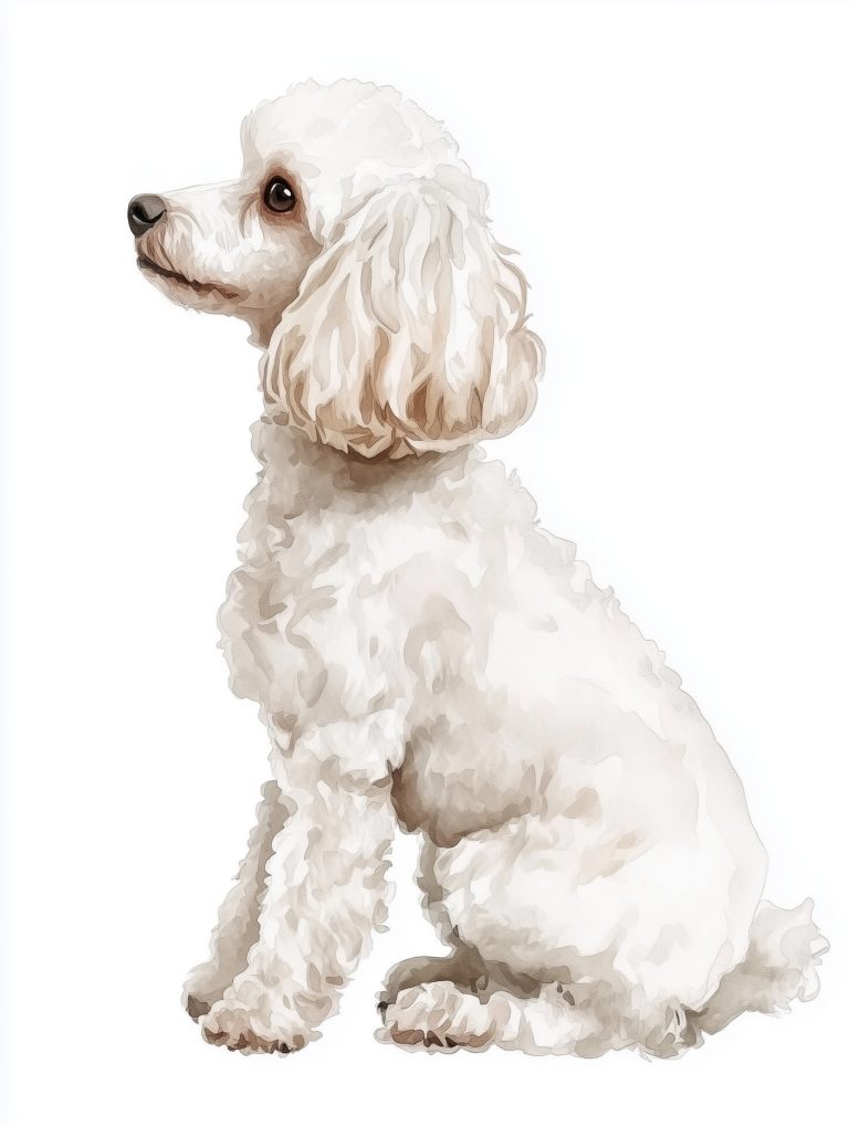 Elegant Side Profile of a Miniature White Poodle in Watercolor on a White Canvas