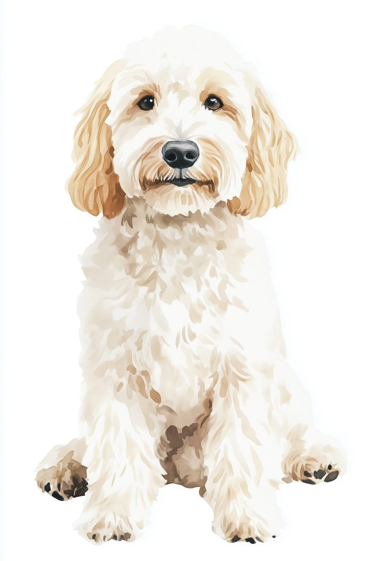 Elegant White Goldendoodle Portrait Minimalist Watercolor on Textured Paper scaled