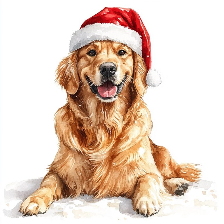 Festive Watercolor Clipart Full Body Golden Retriever in Santa Hat on White Background