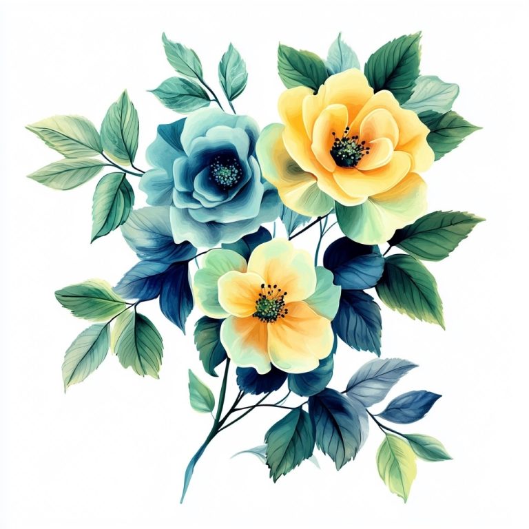 Floral Composition with Blue Leaves