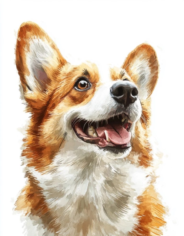 Joyful Corgi Gazing Upward A Whimsical Watercolor Illustration on a Crisp White Canvas