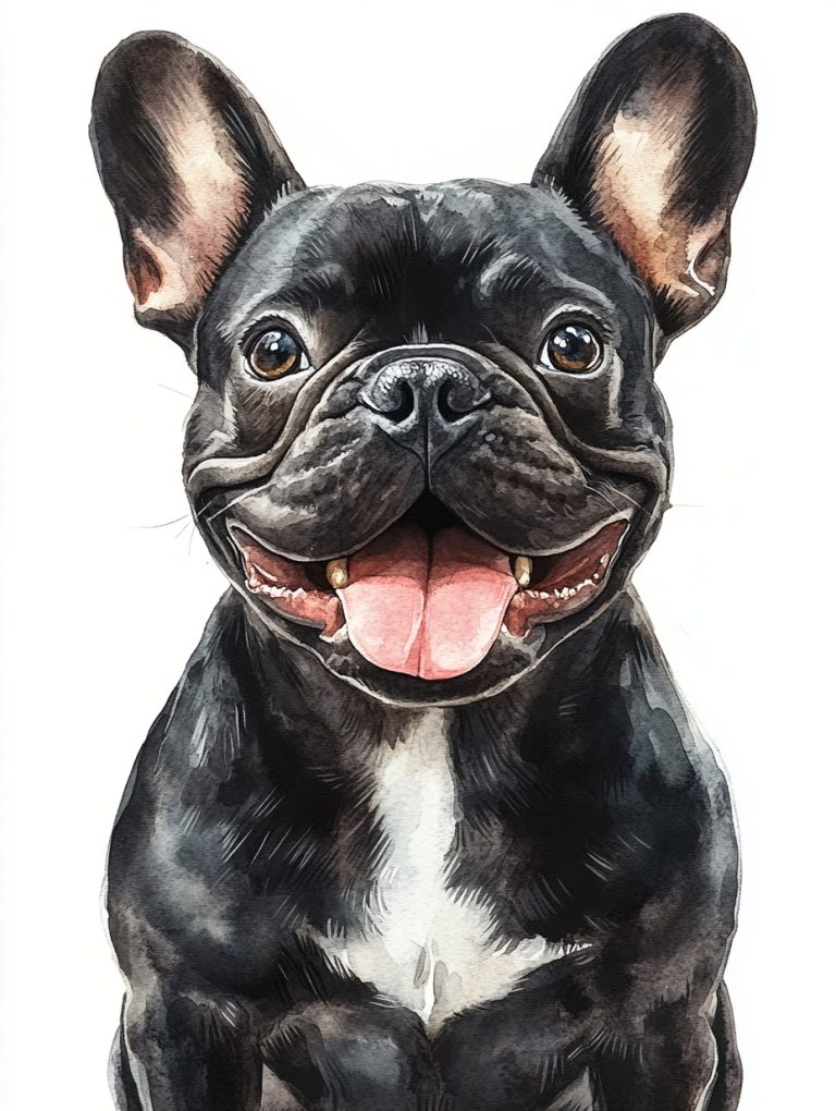 Joyful French Bulldog in Watercolor Full Body Portrait with Tongue Playfully Outstretched on a Crisp White Canvas