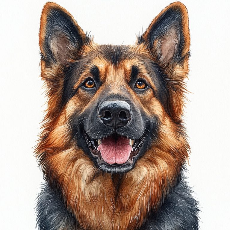 Joyful German Shepherd in Watercolor A Direct Gaze on a Crisp White Canvas