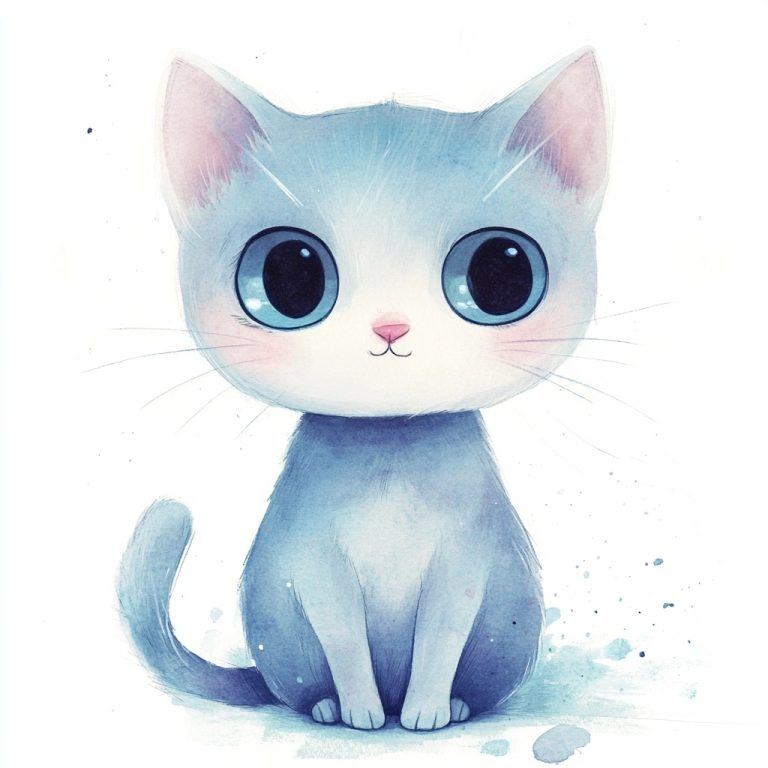 Kawaii Cat Watercolor Illustration