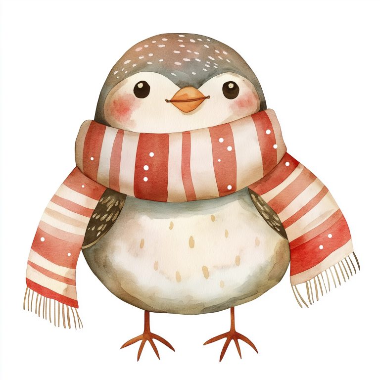 Kawaii Christmas Bird Watercolor