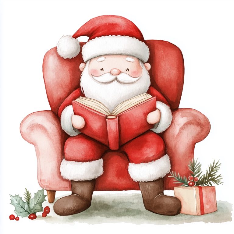 Kawaii Santa Reading Watercolor