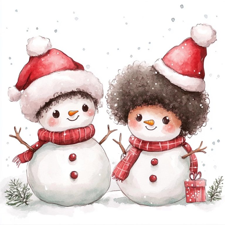 Kawaii Snowmen Watercolor Art