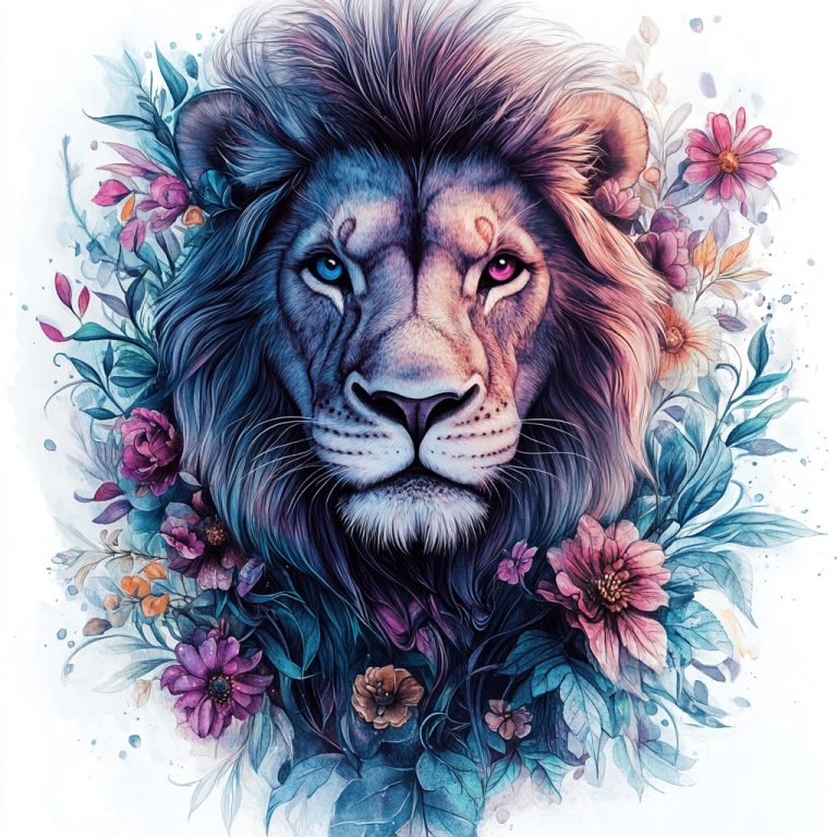 Lion with Floral Mane Watercolor