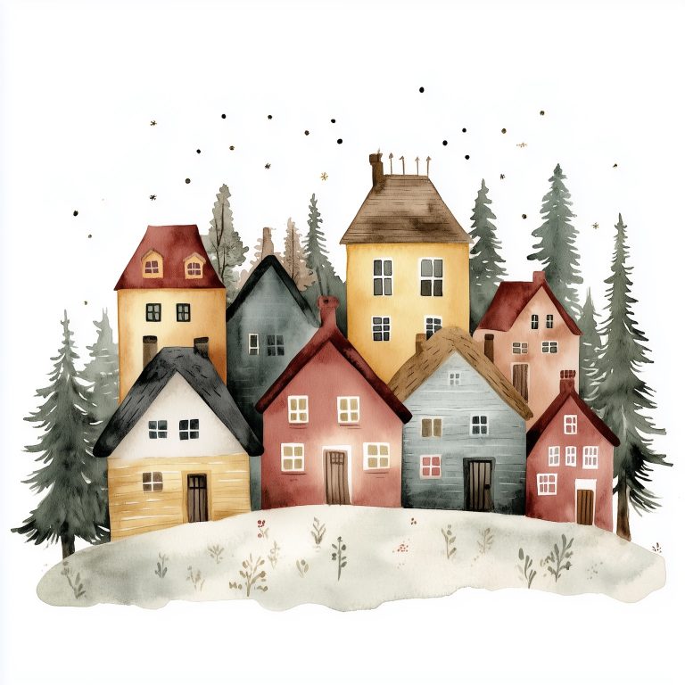 Minimalist Santa Village Watercolor