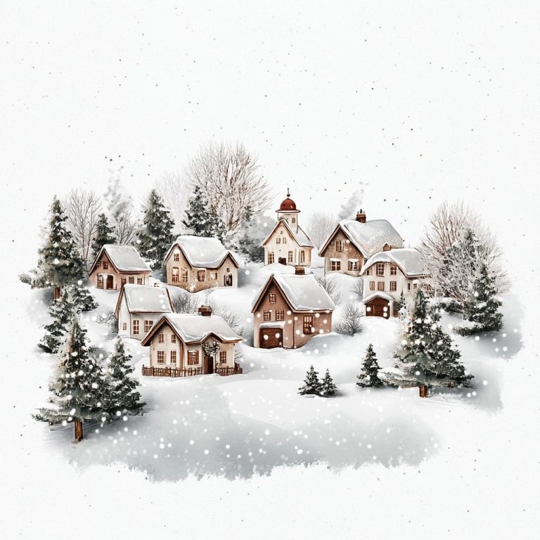 Minimalist Snowy Village Drawing