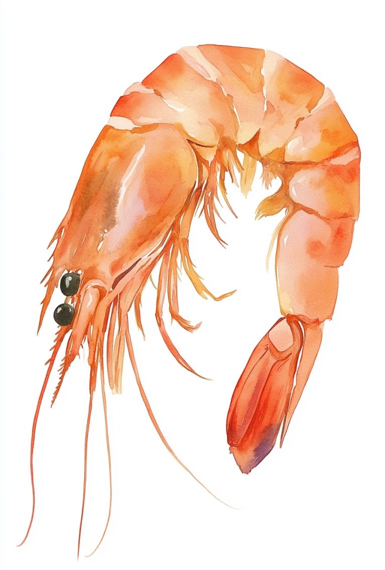 Minimalist Watercolor Illustration of a Giant Shrimp on a Crisp White Canvas