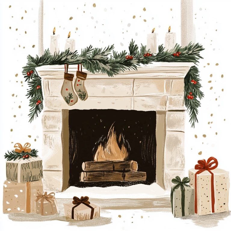 Neutral Christmas Fireplace Illustration