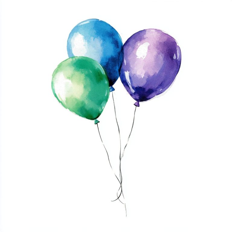 Pastel Balloon Celebration A Watercolor Composition of Blue Green and Purple on a Crisp White Canvas