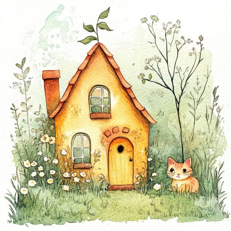 Pastel Cat House Illustration