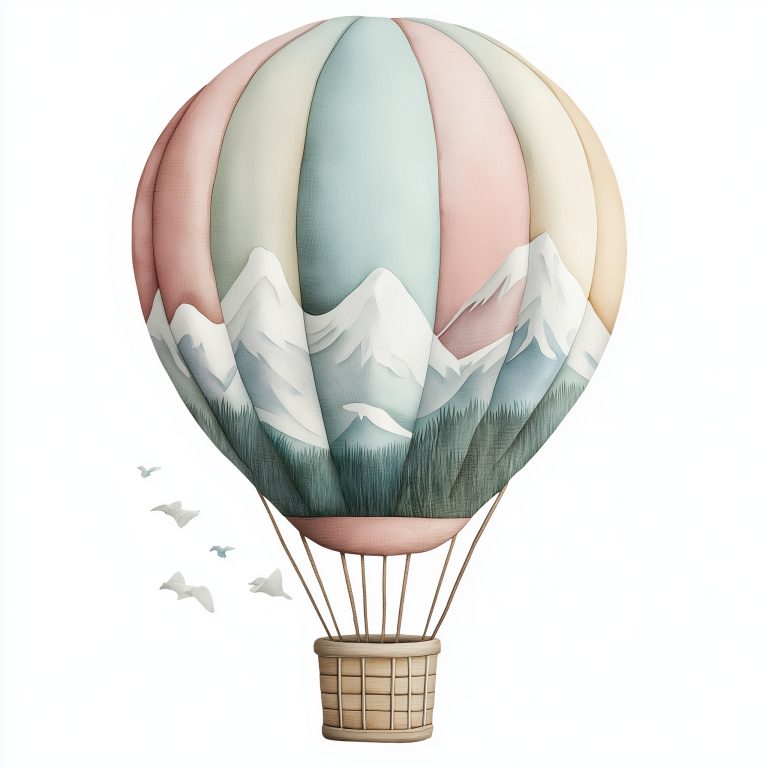 Pastel Hot Air Balloon Over Mountains